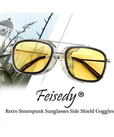 Men Retro Square Steampunk Sunglasses Side Shield Goggles Gothic B2582 - 004 Yellow - CR1960TQ7XA $24.80 Shield