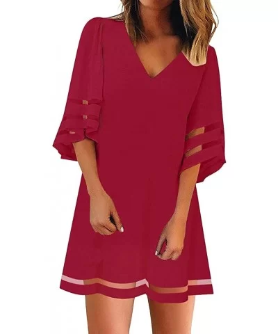 Women's V Neck Mesh Panel Blouse 3/4 Bell Sleeve Loose Top Shirt Dress - Red - C418TUNTQ4T $22.21 Wrap