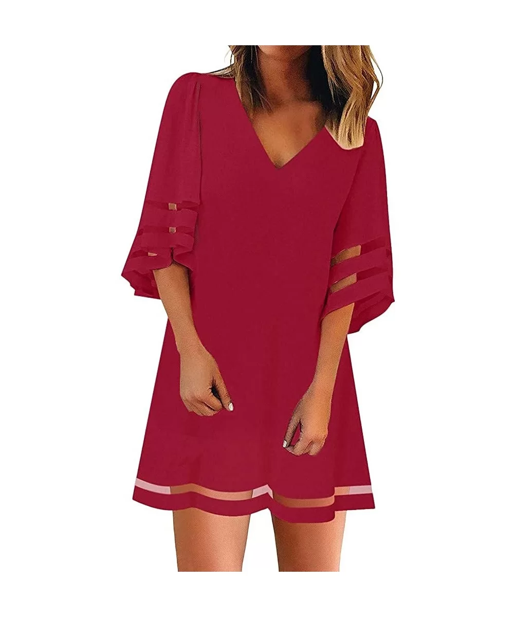 Women's V Neck Mesh Panel Blouse 3/4 Bell Sleeve Loose Top Shirt Dress - Red - C418TUNTQ4T $22.21 Wrap