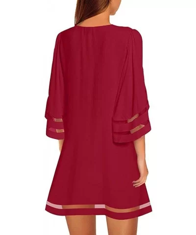 Women's V Neck Mesh Panel Blouse 3/4 Bell Sleeve Loose Top Shirt Dress - Red - C418TUNTQ4T $22.21 Wrap