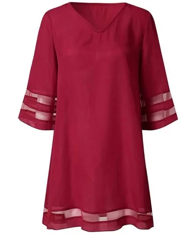 Women's V Neck Mesh Panel Blouse 3/4 Bell Sleeve Loose Top Shirt Dress - Red - C418TUNTQ4T $22.21 Wrap