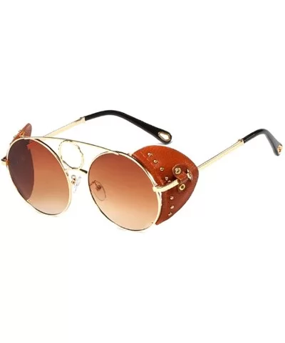 Women's Fashion Sunglasses Metal Round Frame Eyewear With Leather - Gold Brown - C318WD8ZMSH $43.17 Round