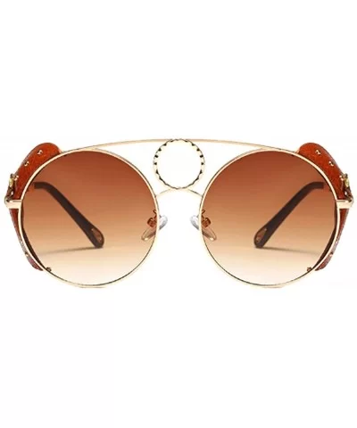 Women's Fashion Sunglasses Metal Round Frame Eyewear With Leather - Gold Brown - C318WD8ZMSH $43.17 Round