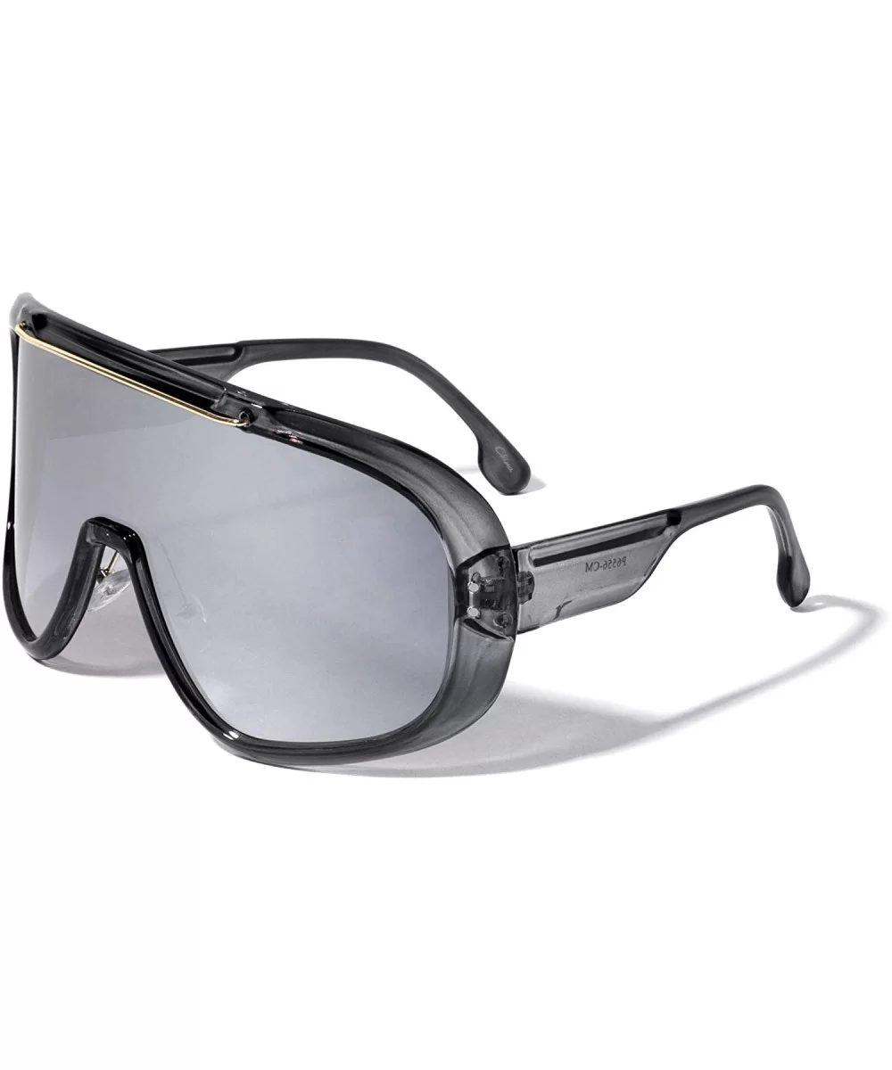 Futuristic Oversized Shield One Piece Lens Wrap Around Sunglasses - Grey & Silver Frame - CB196A0XIRY $18.90 Oversized