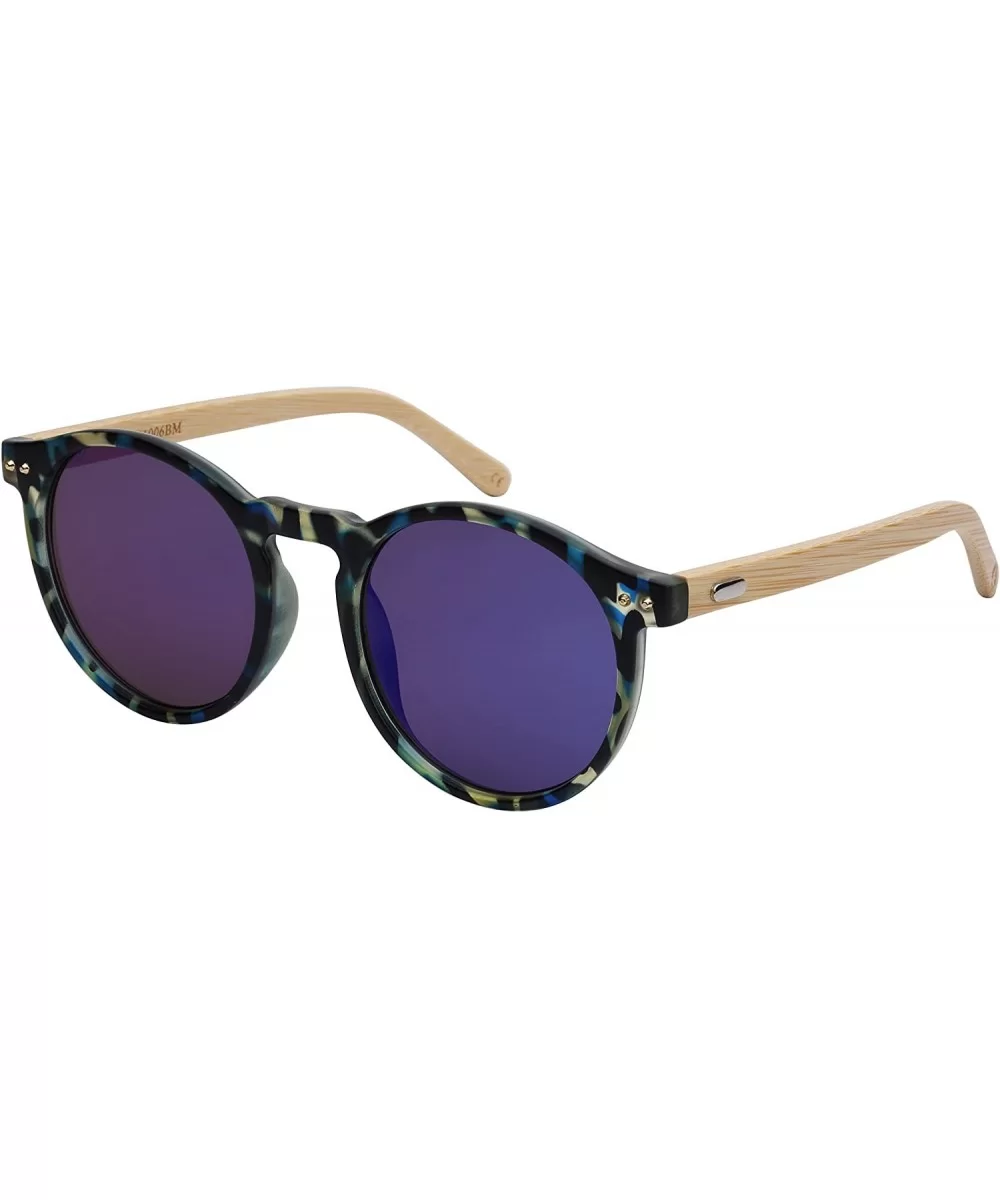 Round Horn Rimed Bamboo Sunglasses Wood Women Mirrored Lens 541006BM-FLREV - Matte Blue Tortoise - CO18HEWIYK9 $18.64 Round