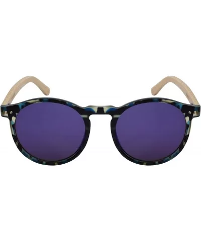 Round Horn Rimed Bamboo Sunglasses Wood Women Mirrored Lens 541006BM-FLREV - Matte Blue Tortoise - CO18HEWIYK9 $18.64 Round