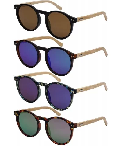 Round Horn Rimed Bamboo Sunglasses Wood Women Mirrored Lens 541006BM-FLREV - Matte Blue Tortoise - CO18HEWIYK9 $18.64 Round