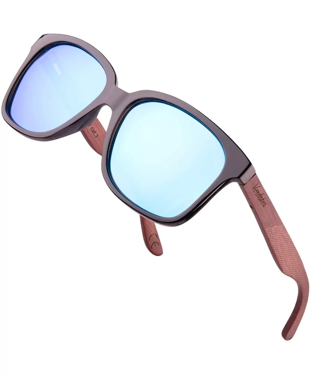 Lyon - Polarized Wood Sunglasses for Men and Women with Patterned Redwood Temples - Gloss Black / Azure Blue Lens - CN194LEQ3...