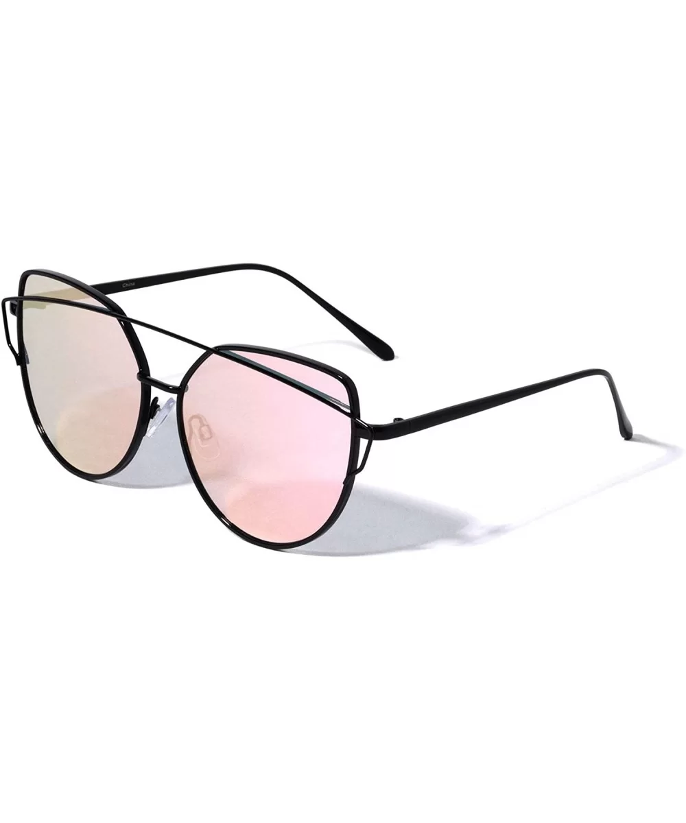 Flat Lens Color Mirror Crossed Curved Top Bar Cat Eye Sunglasses - Rose Gold Black - CT19085T593 $20.30 Cat Eye