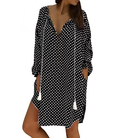Women Sexy Polka Dot Print Loose Long Sleeves V-Neck Evening Party Mini Dress - Black - CB18TR0U8SA $21.79 Wrap