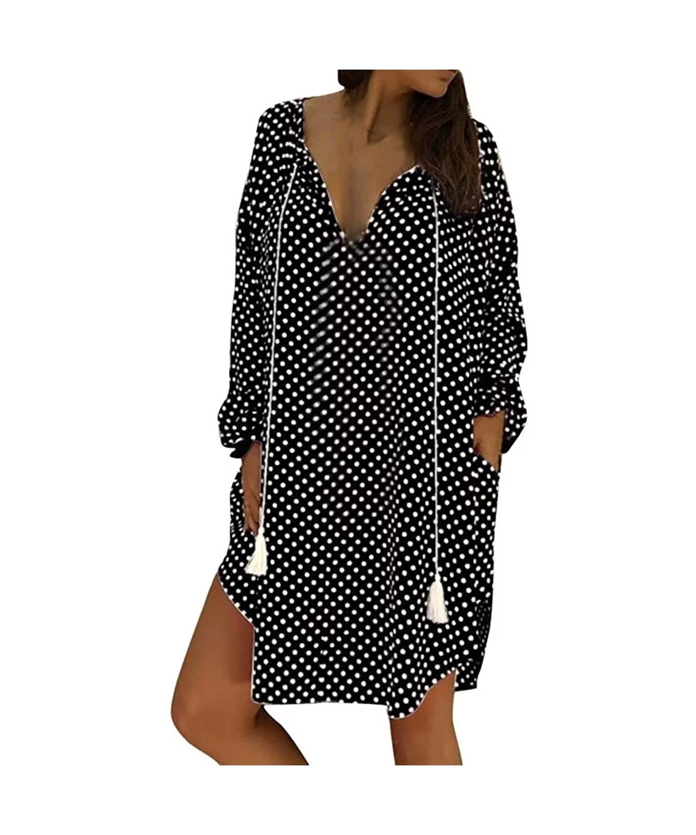 Women Sexy Polka Dot Print Loose Long Sleeves V-Neck Evening Party Mini Dress - Black - CB18TR0U8SA $21.79 Wrap