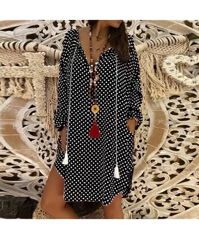 Women Sexy Polka Dot Print Loose Long Sleeves V-Neck Evening Party Mini Dress - Black - CB18TR0U8SA $21.79 Wrap