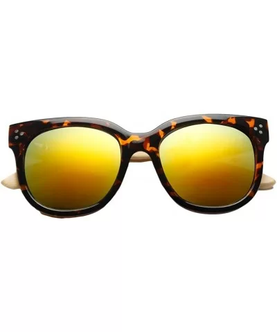 Wooden Bamboo Temples Round Vintage Oversized Sunglasses UV400 64mm - Turquoise/Gold - CB12EMXXNFL $20.05 Round