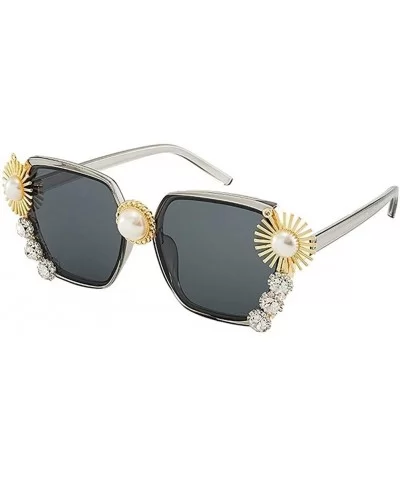 Oversized Sunglasses for Women Big Pearl with Rhinestone Flower Eyewear UV Protection - Black - CJ190HE4LIC $17.49 Oversized