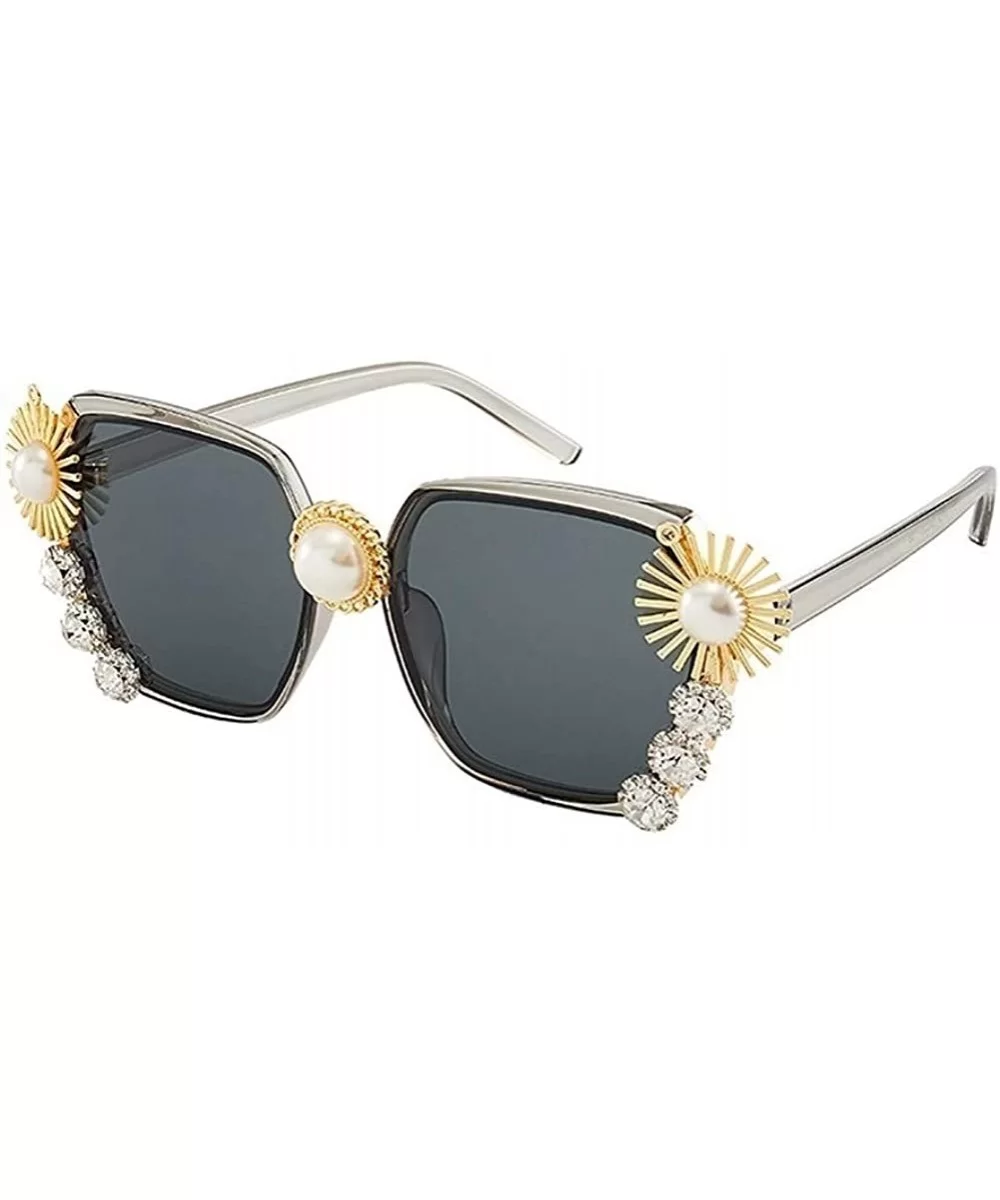 Oversized Sunglasses for Women Big Pearl with Rhinestone Flower Eyewear UV Protection - Black - CJ190HE4LIC $17.49 Oversized