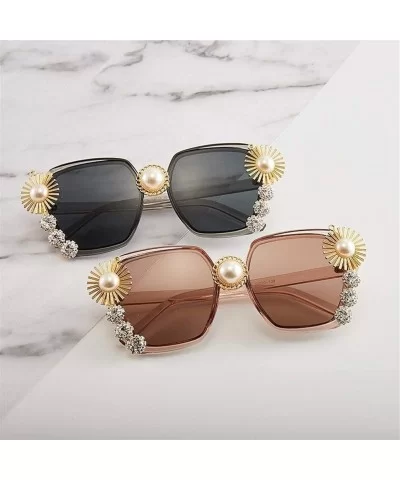 Oversized Sunglasses for Women Big Pearl with Rhinestone Flower Eyewear UV Protection - Black - CJ190HE4LIC $17.49 Oversized