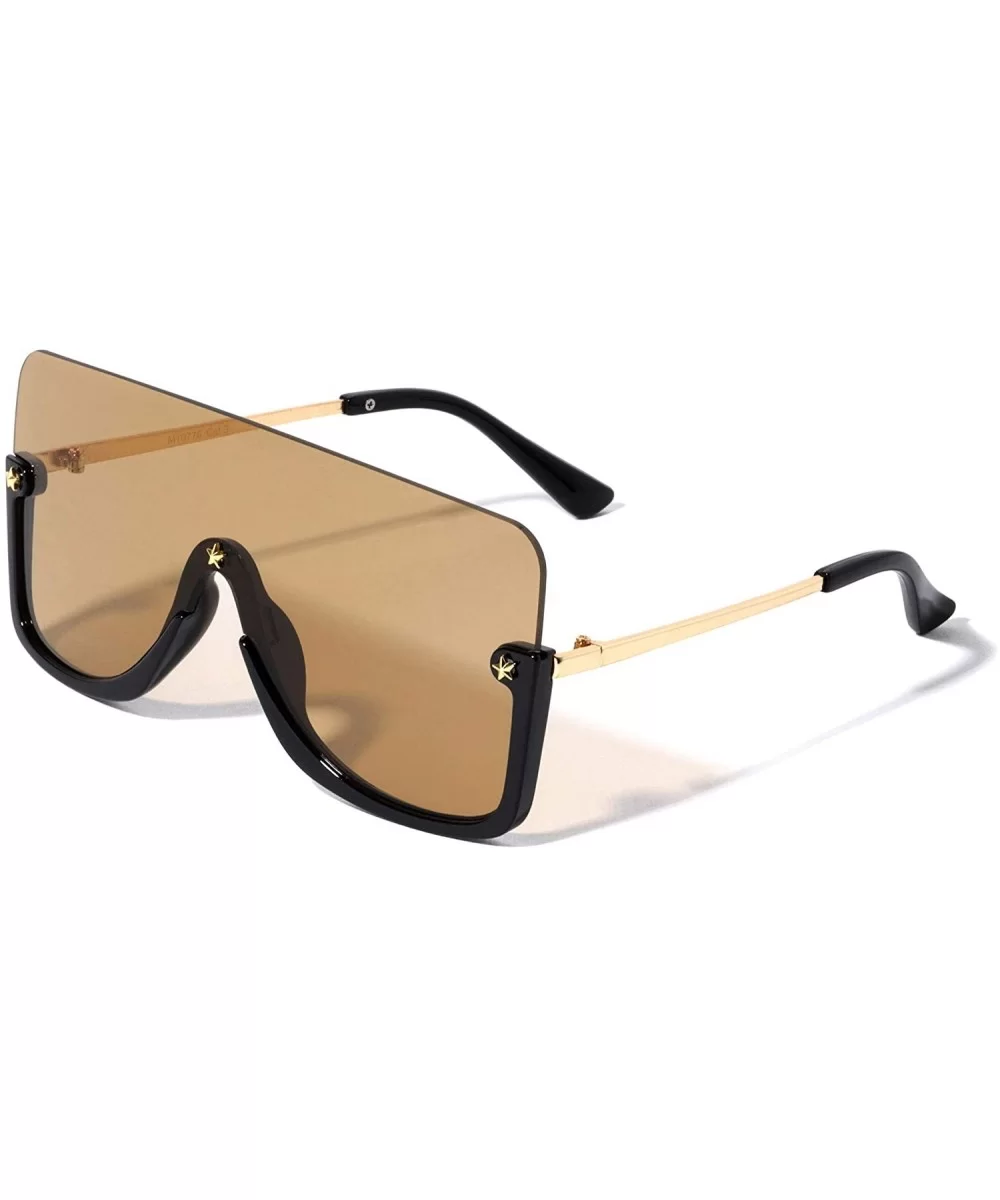 Star Stud Semi Rimless Flat Top One piece Shield Lens Rectangular Sunglasses - Brown Black - CA1993S6H8S $21.01 Semi-rimless