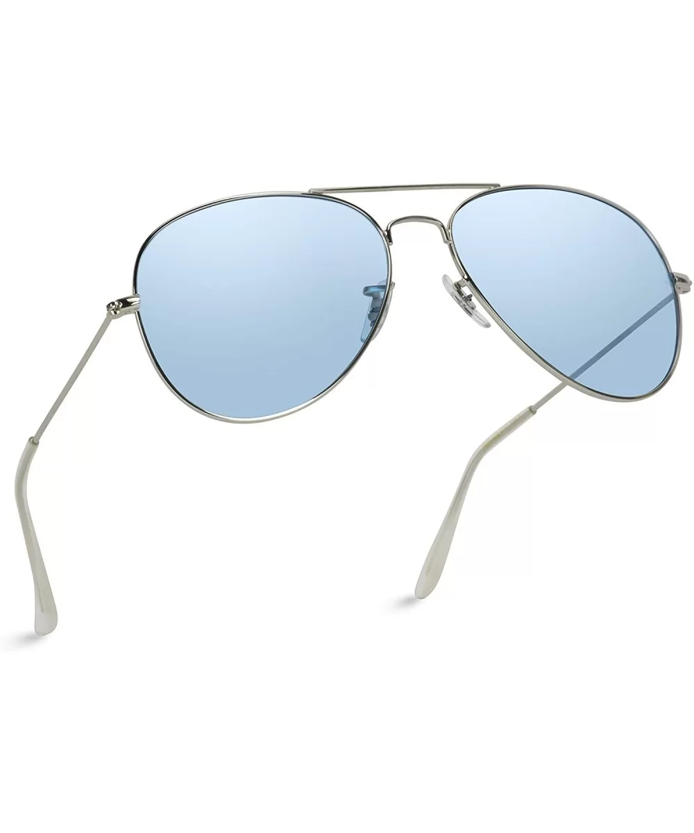 Classic Aviator Style Metal Frame Sunglasses Colored Lens - Silver Frame/ Tinted Blue Lens - CW1884Y0RTX $24.25 Square