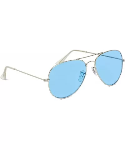 Classic Aviator Style Metal Frame Sunglasses Colored Lens - Silver Frame/ Tinted Blue Lens - CW1884Y0RTX $24.25 Square