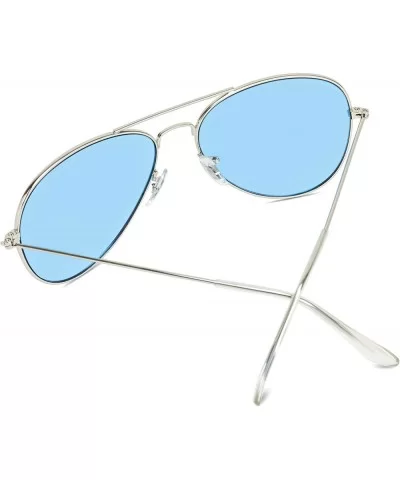 Classic Aviator Style Metal Frame Sunglasses Colored Lens - Silver Frame/ Tinted Blue Lens - CW1884Y0RTX $24.25 Square