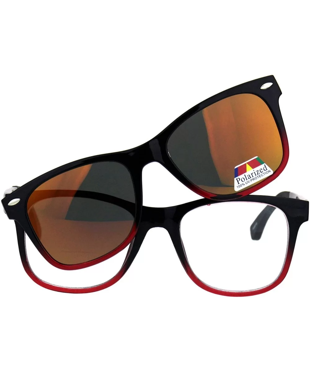 Reading Bifocal Lens Clear Glasses + Magnetic Polarized Sunglasses Topper - Black Red/Orange Mirror - CL18T43S7YT $21.04 Square