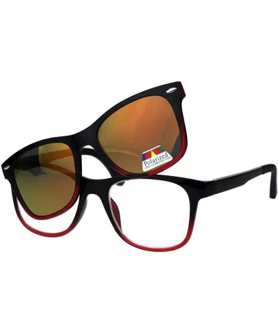 Reading Bifocal Lens Clear Glasses + Magnetic Polarized Sunglasses Topper - Black Red/Orange Mirror - CL18T43S7YT $21.04 Square