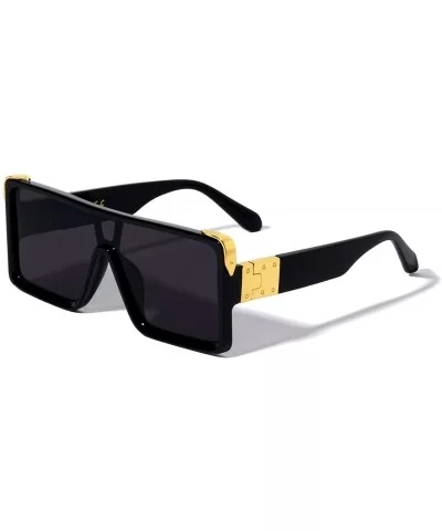 Oversized Square Shield One Piece Lens Aviator Sunglasses - Glossy Black & Gold Frame - CN197XQRE56 $16.20 Aviator