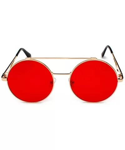 Men women Metal Round Sunglasses Slim frame Colored Flat Lens 60mm - Red - C618EOUMXZI $12.47 Rimless