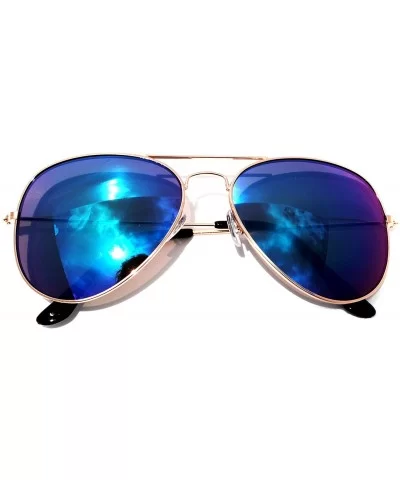 Classic Aviator Sunglasses Metal Frame Gold Full Mirror Blue-Green Lens Men Women - CQ11M0ERCO3 $11.35 Aviator