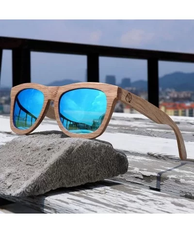 Wood Sunglasses- Polarized Bamboo Wooden Sunglasses Men Women in Engraved Box - Blue - CC19C93DKCC $40.08 Wayfarer