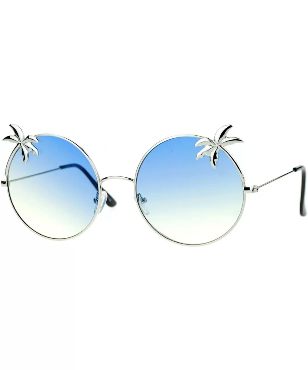 Super Flat Lens Sunglasses Thin Metal Round Circle Frame Palm Trees - Silver - CH128NRWDF3 $11.75 Round