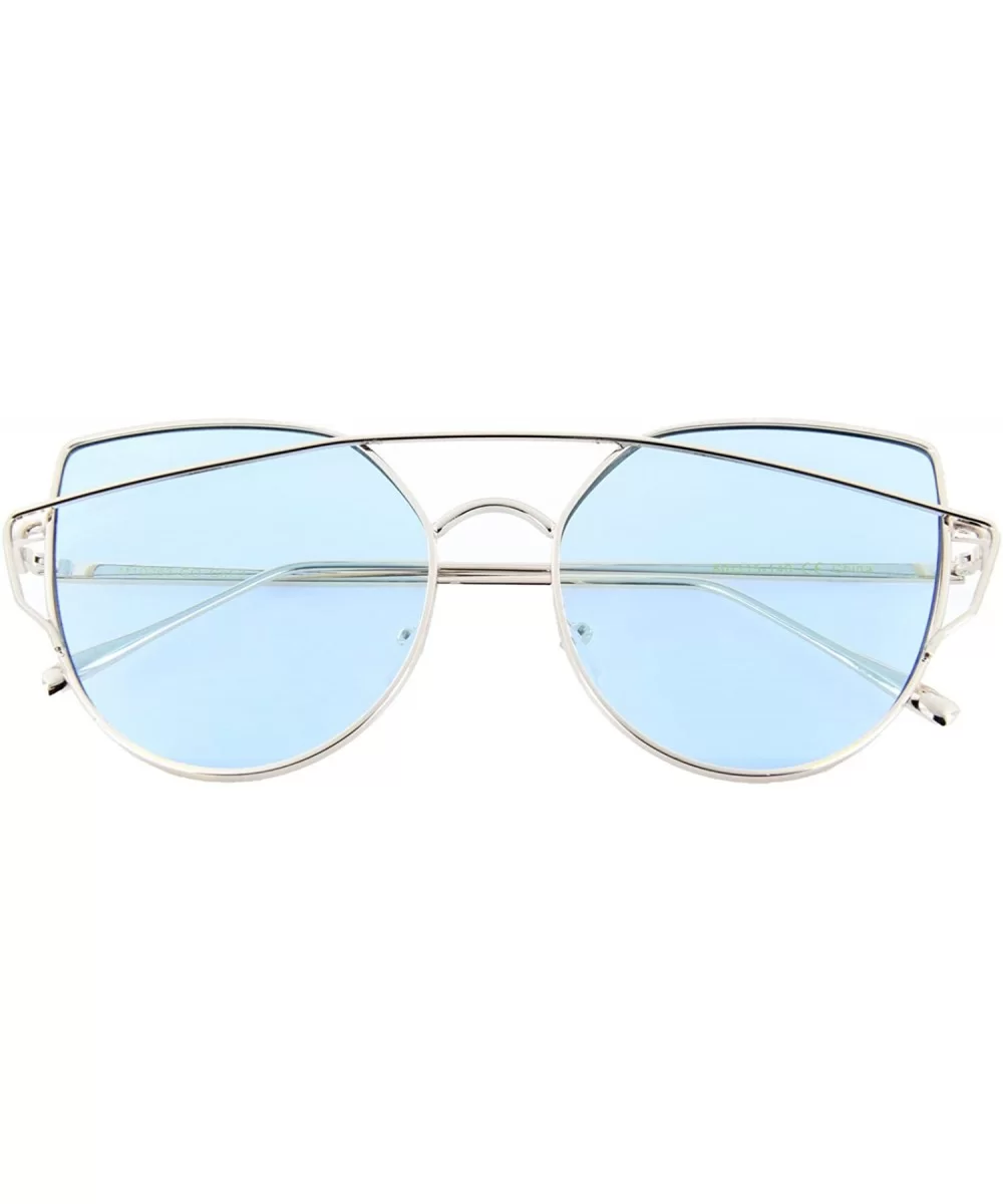 Womens Cat Eye Sunglasses Top Crossbar Oceanic Color Flat Lens Trendy Hipster Chic - Silver3 - CU12ODU7DH2 $12.58 Oversized