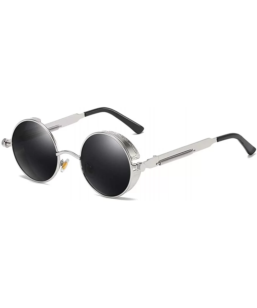 Retro Round Sunglasses Men Polarized Mirror Steampunk Sun Glasses for Women - Silver With Black - C918KEYEW0N $14.41 Round