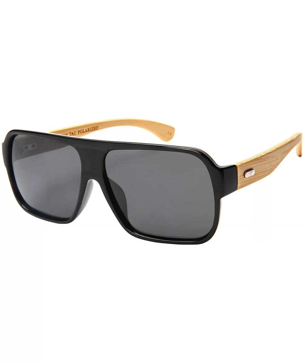 Retro Square Wooden Bamboo Sunglasses Polarized Lens 540846BM-P - Black - CF1827REW8C $22.65 Aviator