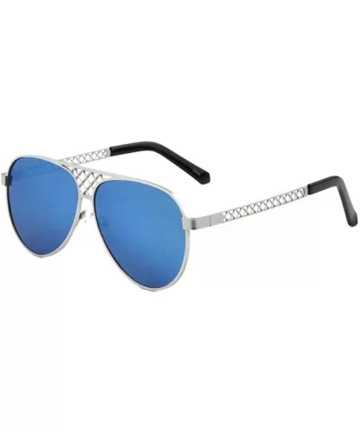 Flat Lens Fence Frontal & Temple Pattern Modern Round Aviator Sunglasses - Blue Silver - CM190EODT27 $20.67 Aviator