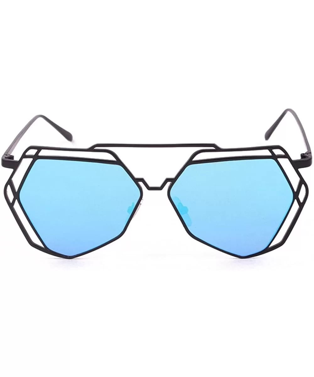 Twin-Beams Geometry Design Women Metal Frame Mirror Sunglasses Cat Eye Glasses - Blue - C818XS5LSYI $9.98 Goggle