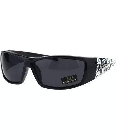 Mens Locs Sunglasses Skull Print Wrap Around Rectangular Biker Shades Black - Black White - CQ18IW5Y8U3 $16.98 Wrap