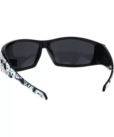 Mens Locs Sunglasses Skull Print Wrap Around Rectangular Biker Shades Black - Black White - CQ18IW5Y8U3 $16.98 Wrap