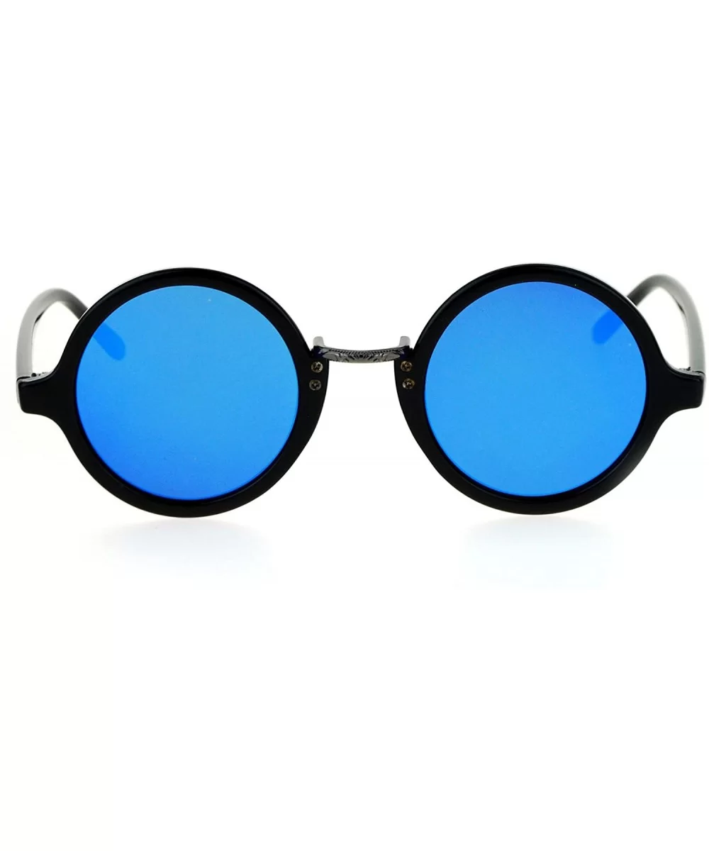 Small Snug Flat Color Mirror Plastic Round Circle Retro Sunglasses - Shiny Black Blue - CM12O9RJK3T $18.05 Round