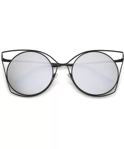 Oversize Slim Metal Cutout Flat Mirrored Round Lens Cat Eye Sunglasses 58mm - Black / Silver Mirror - CN18288QOQQ $17.74 Cat Eye