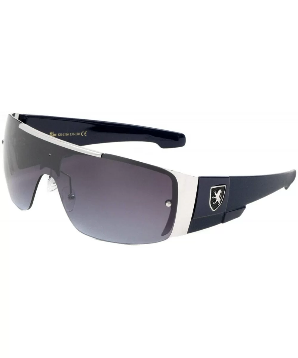 Khan Slim Sport Shield Wrap Around Sunglasses - Navy Blue & Silver Frame - CG18WI29ZR2 $17.29 Shield