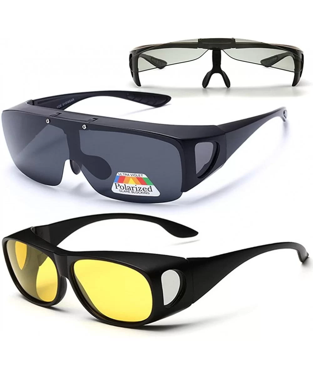 2 Value Pack - HD Polarized Flip Up Wraparounds Sunglasses + UV400 Night Vision - Black - CY18EISAHMR $26.52 Goggle