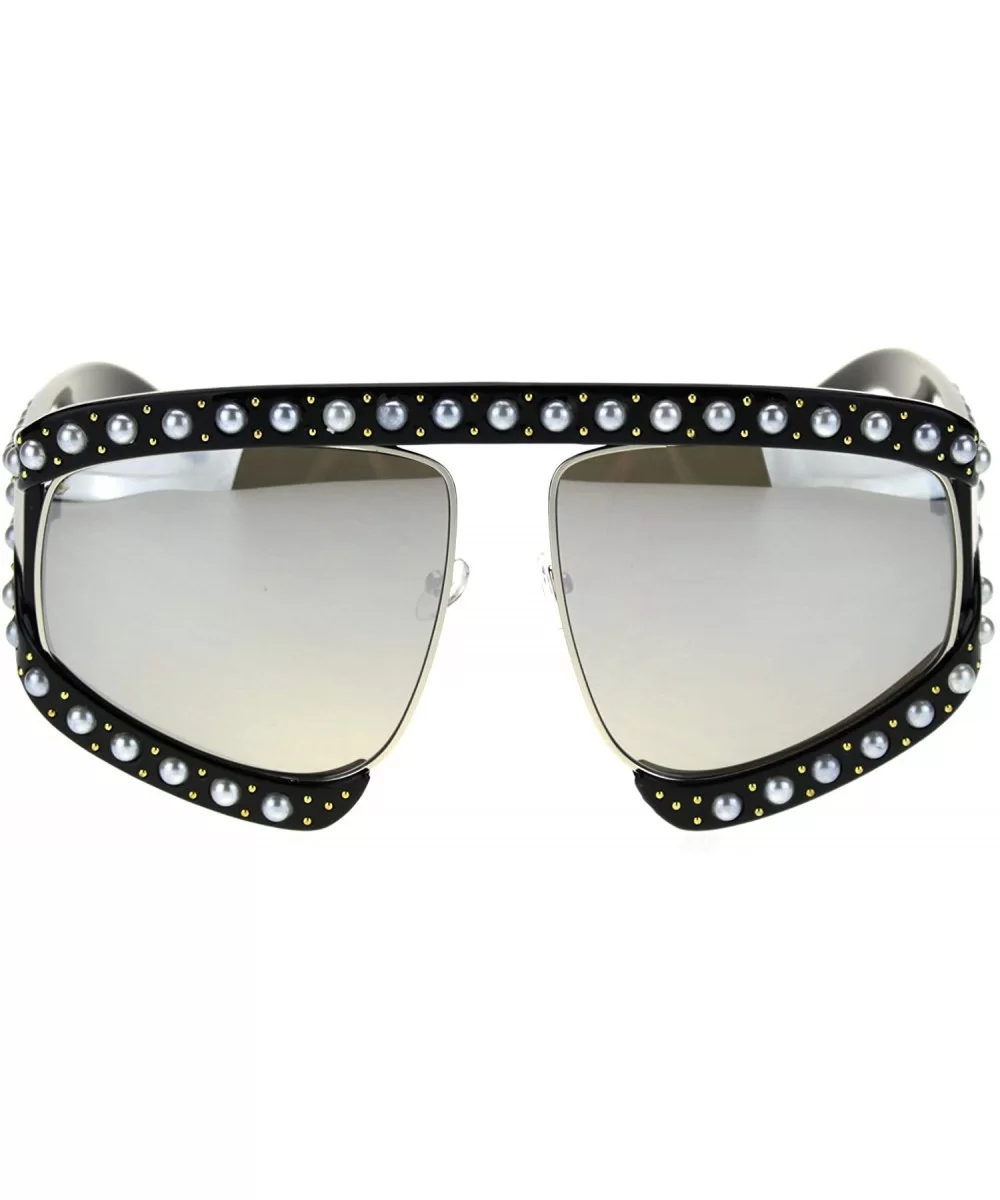 Pearl Jewel Stud Flat Top Oversize Mob Celebrity Sunglasses - Black Silver Mirror - CL18TI3EEO7 $21.59 Oversized