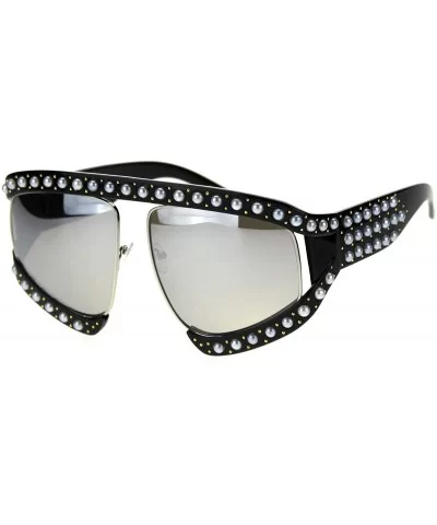 Pearl Jewel Stud Flat Top Oversize Mob Celebrity Sunglasses - Black Silver Mirror - CL18TI3EEO7 $21.59 Oversized