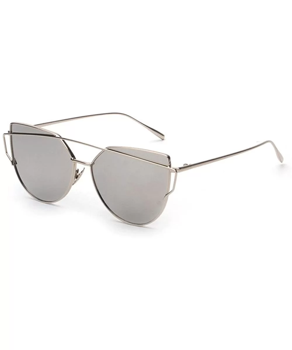 Fashion Twin-Beams Classic Women Metal Frame Mirror Sunglasses Cat Eye Glasses - Silver - CG18QN4WD5S $16.72 Cat Eye