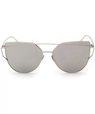 Fashion Twin-Beams Classic Women Metal Frame Mirror Sunglasses Cat Eye Glasses - Silver - CG18QN4WD5S $16.72 Cat Eye