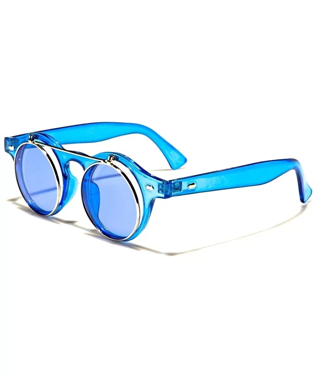 Retro Round Flip Up Steampunk Sunglasses - Blue Crystal & Silver Frame - C8185CHIY4U $19.43 Round