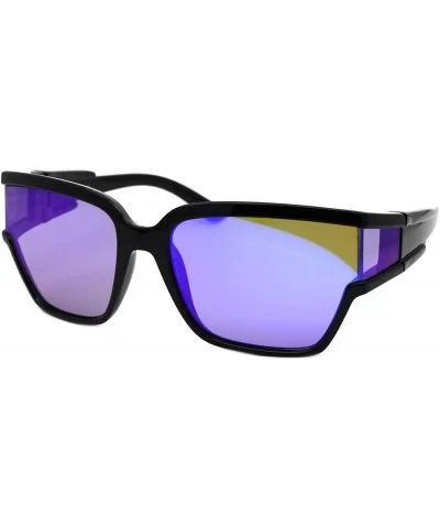 Womens Modern Fashion Sunglasses Shield Square Extended Side Lens UV400 - Black (Blue Purple Mirror) - CW18Y6WD2CQ $17.08 Square