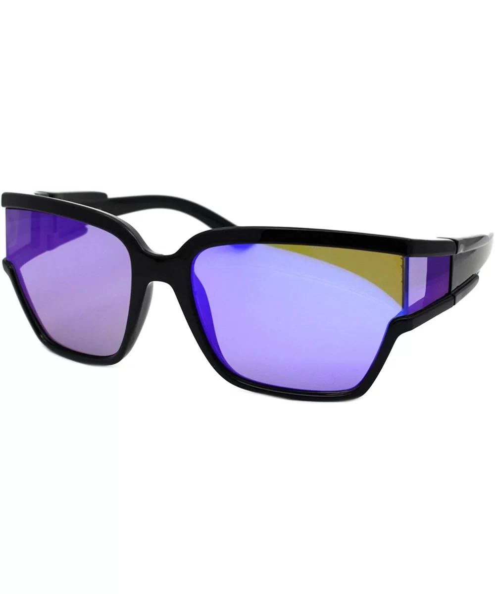 Womens Modern Fashion Sunglasses Shield Square Extended Side Lens UV400 - Black (Blue Purple Mirror) - CW18Y6WD2CQ $17.08 Square