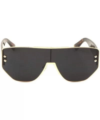 Oversized Flat Top One Piece Stud Geometric Shield Lens Sunglasses - Black Demi - C7197YMNHIR $20.81 Oversized